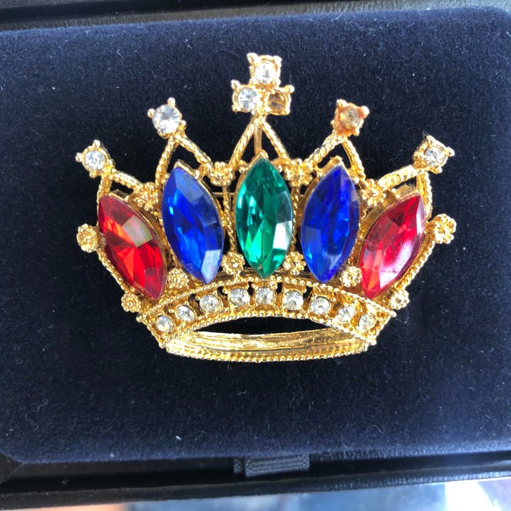 Gold tone & Multi Colored Crystal Crown Pin